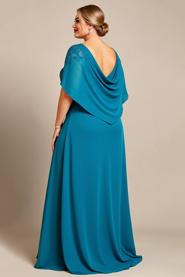 Peacock A Line Chiffon Cape Long Plus Size Mother of the Bride Dress with Lace